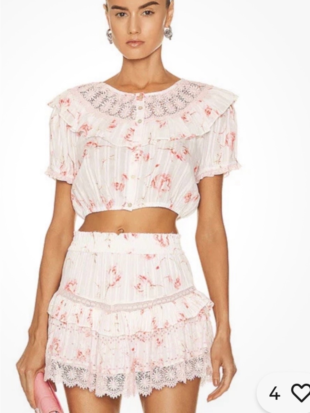 NWT LoveShackFancy Pink & Cream Floral Ruffled Cropped Blouse | Size M